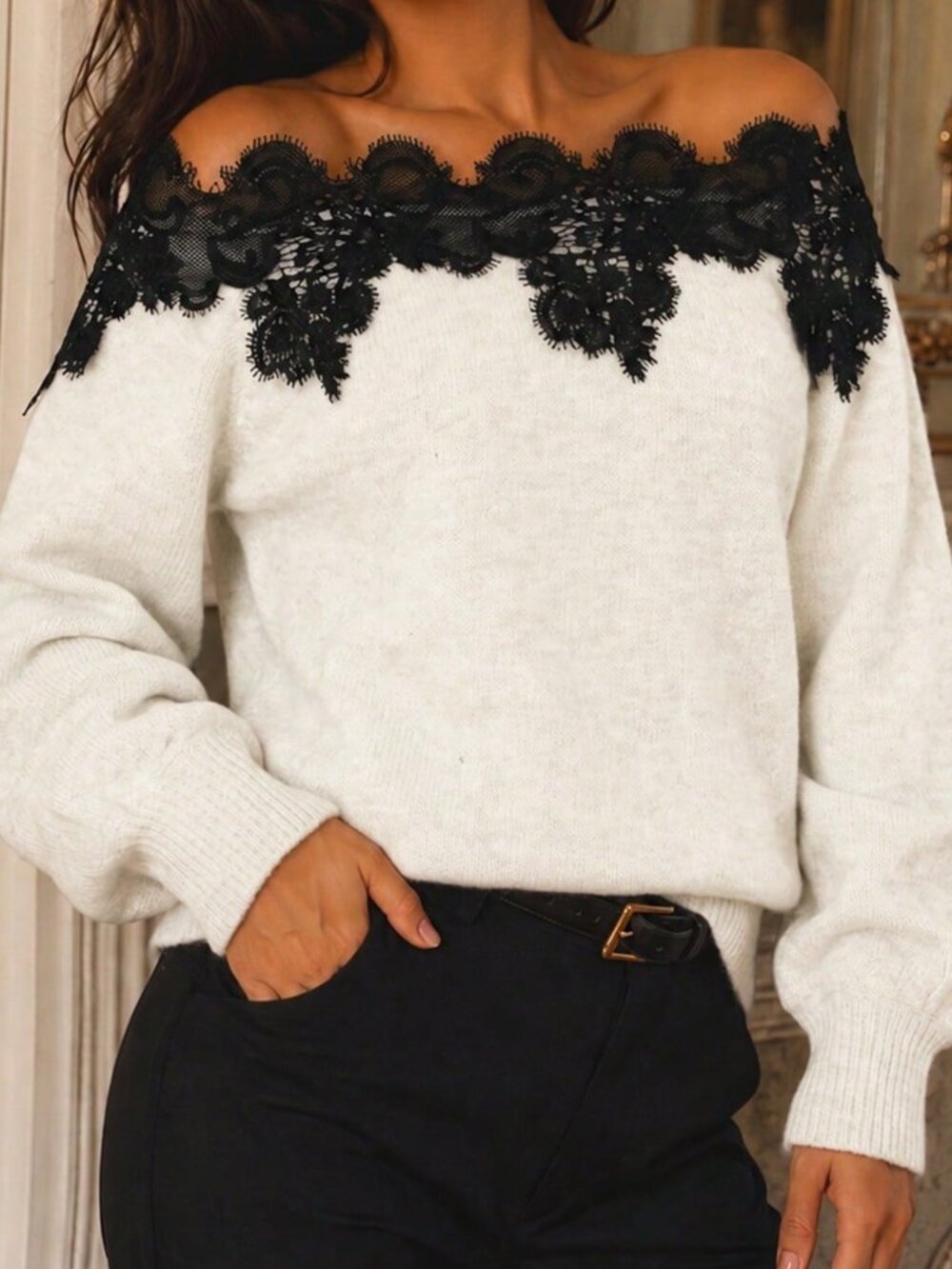 White Casual Women's Lace Trim Cold Shoulder Sweater